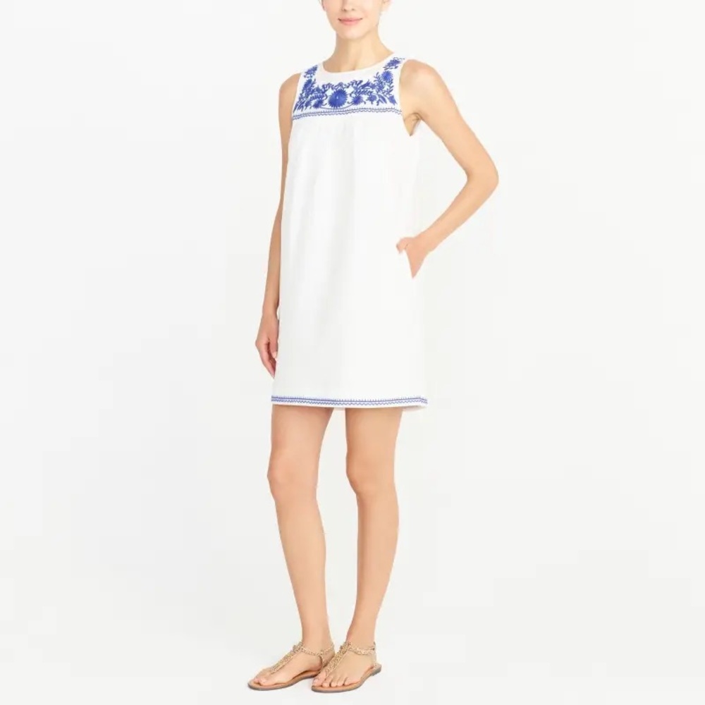 J.Crew Embroidered Dress Sz M White Blue Linen Cotton Lined - Picture 3 of 16